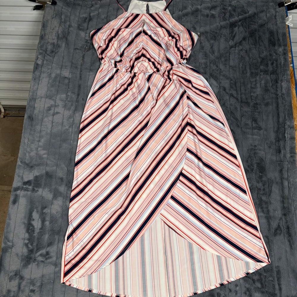 Maurices Striped Halter Maxi Dress Pink Navy Blue High Low Tulip Hem Size 1
